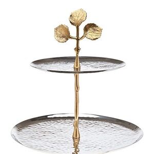 Godinger Stainless steel two tiered stand with gold brass leaves